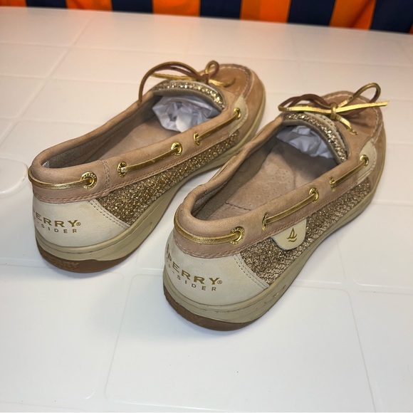 Sperry Top-Sider Classic Boat Shoe 2-Tone Tan W Gold & Sparkling Silver size 10M - Picture 2 of 7